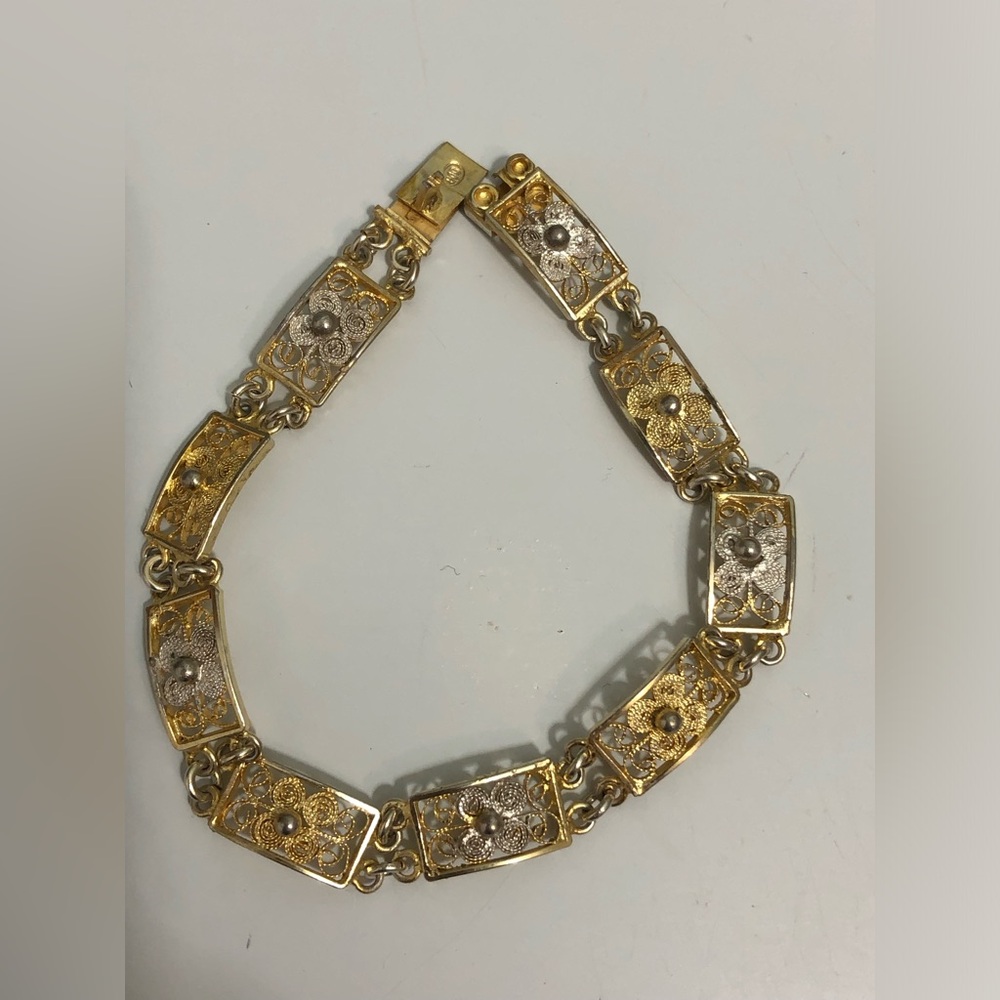 Antique Art Deco Gold Plate on 800 Silver Ornate Filigree Link Bracelet Sz 7
